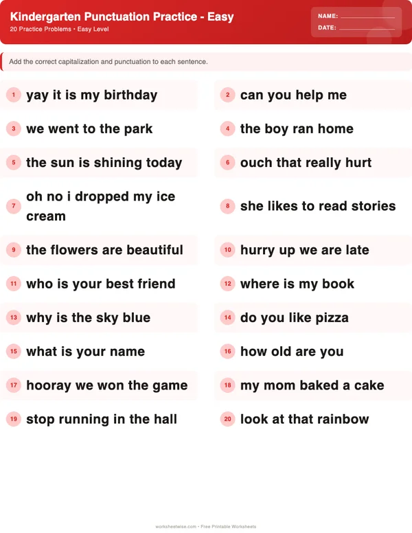 Kindergarten Punctuation Worksheets - Christmas Theme (Easy)