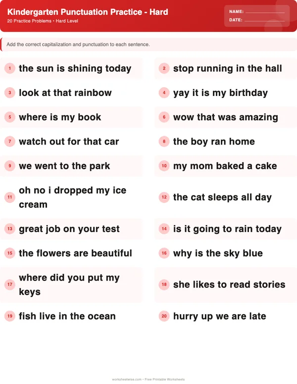 Kindergarten Punctuation Worksheets - Christmas Theme (Hard)