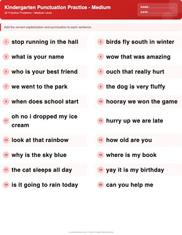 Kindergarten Punctuation Worksheets - Christmas Theme (Medium)