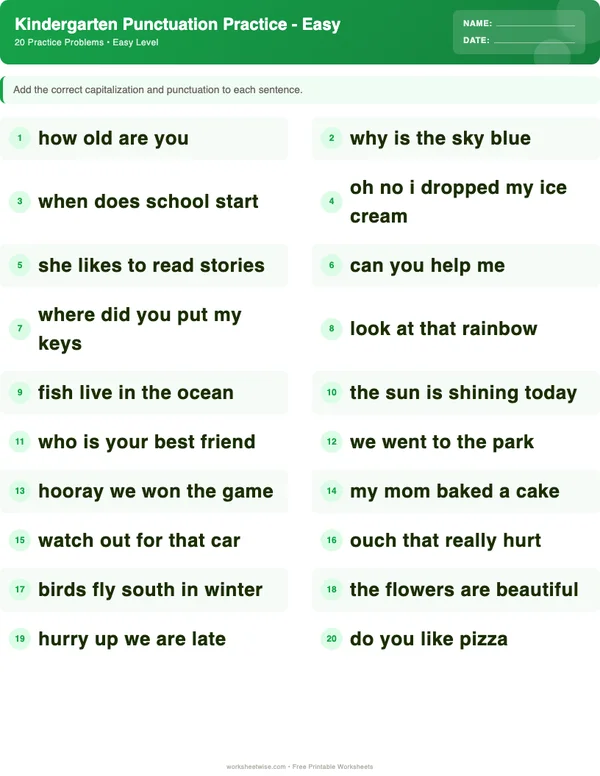 Kindergarten Punctuation Worksheets - Dinosaur Theme (Easy)