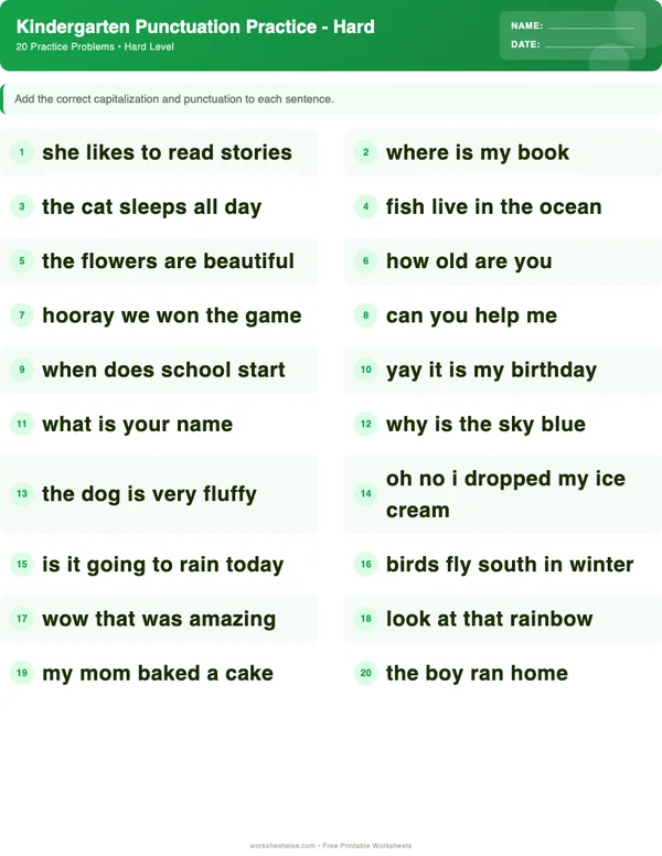 Kindergarten Punctuation Worksheets - Dinosaur Theme (Hard)