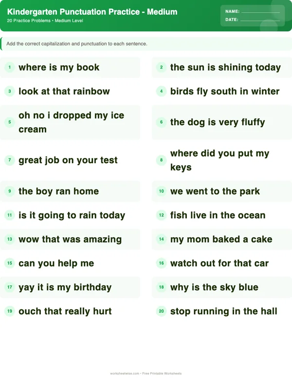 Kindergarten Punctuation Worksheets - Dinosaur Theme (Medium)