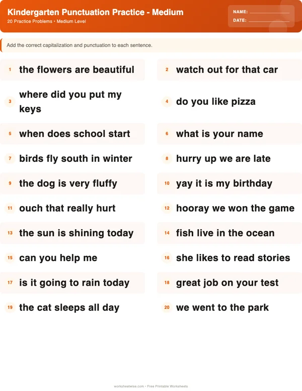 Kindergarten Punctuation Worksheets - Halloween Theme (Medium)