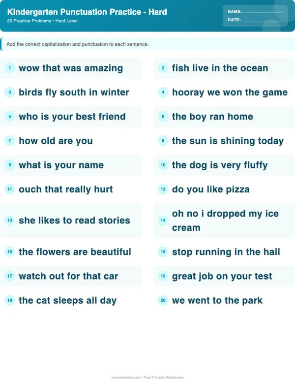 Kindergarten Punctuation Worksheets - Ocean Theme (Hard)