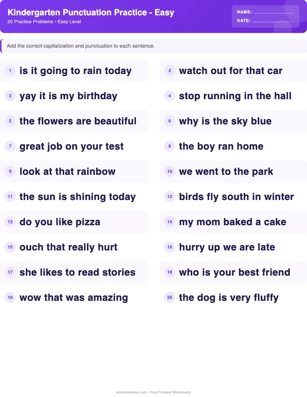 Kindergarten Punctuation Worksheets - Space Theme (Easy)