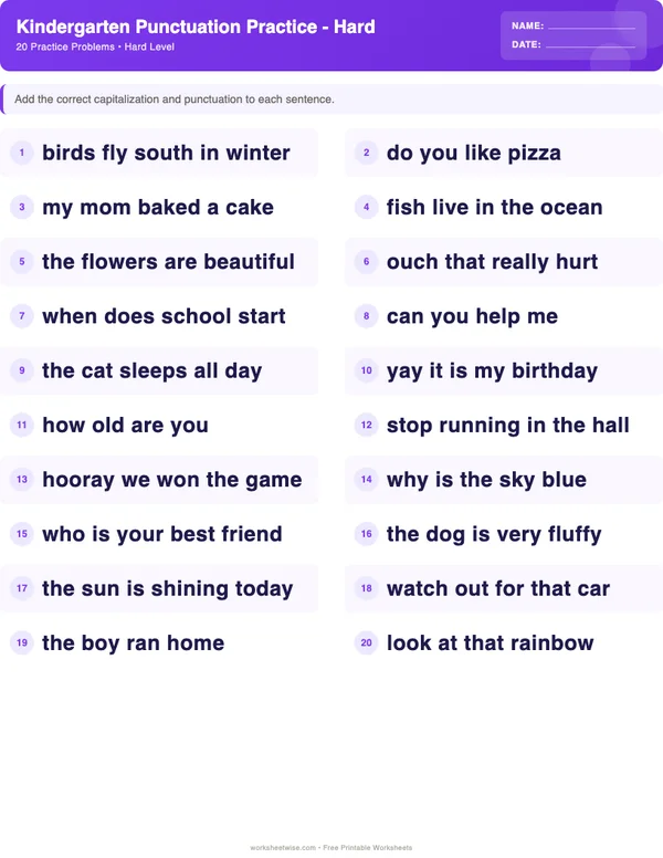 Kindergarten Punctuation Worksheets - Space Theme (Hard)