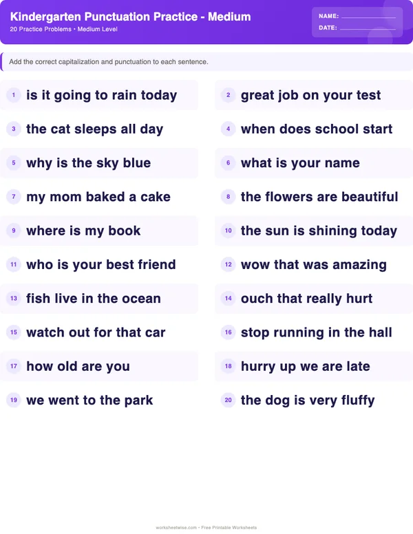 Kindergarten Punctuation Worksheets - Space Theme (Medium)