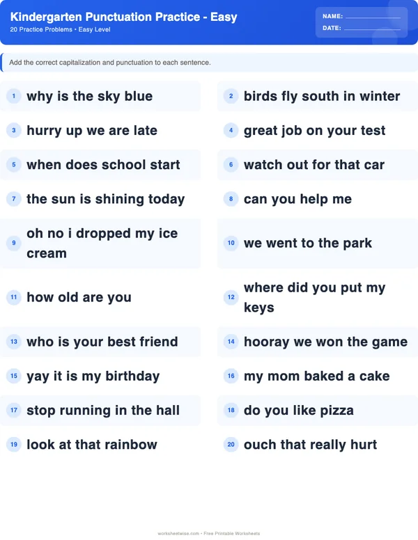 Kindergarten Punctuation Worksheets - Standard Theme (Easy)