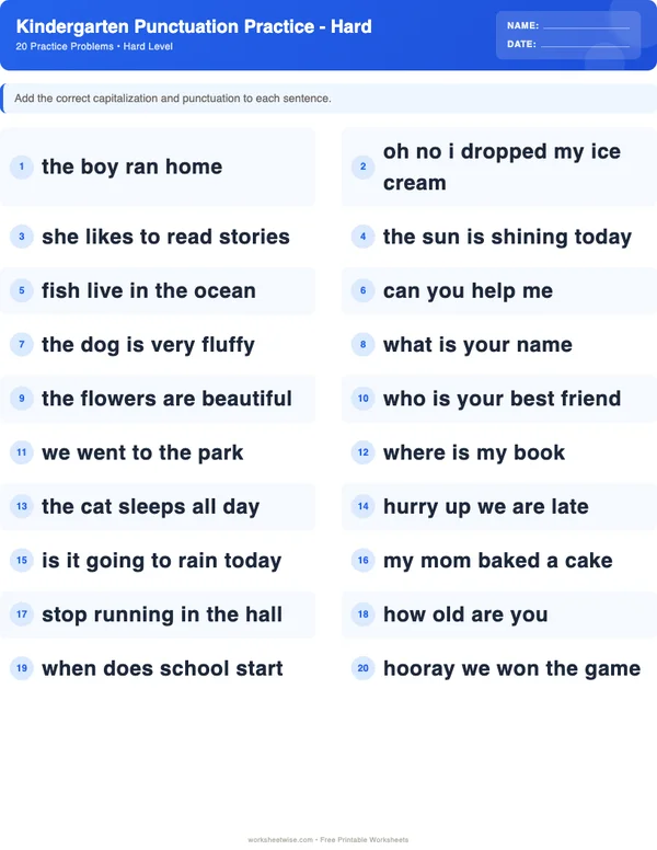 Kindergarten Punctuation Worksheets - Standard Theme (Hard)