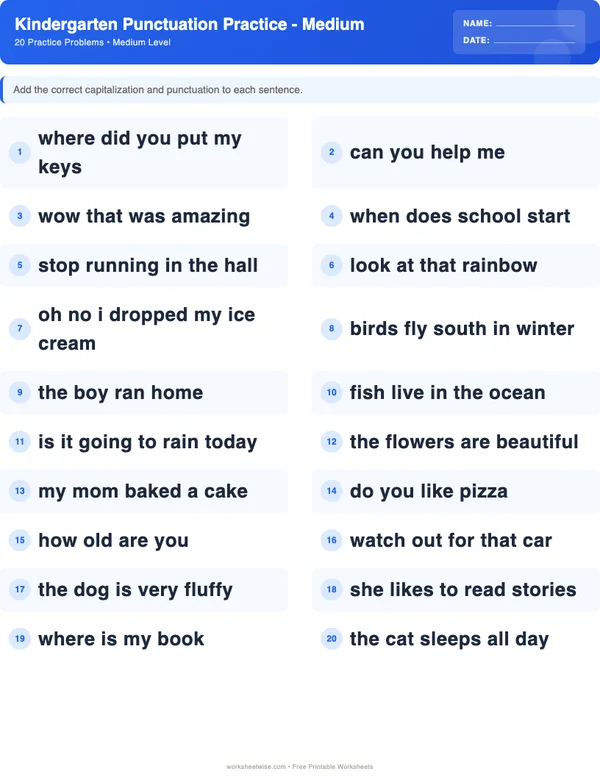 Kindergarten Punctuation Worksheets - Standard Theme (Medium)