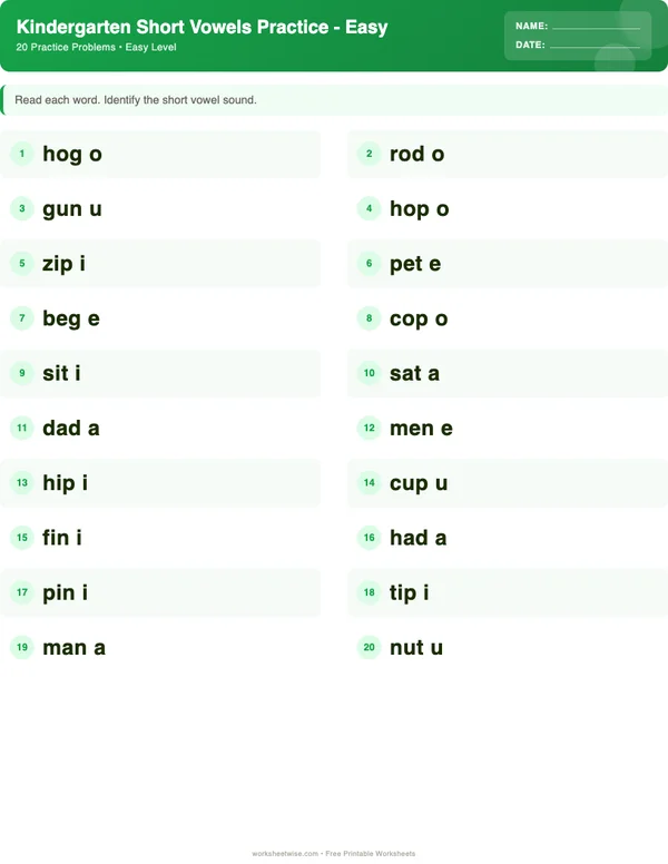 Kindergarten Short Vowels Worksheets - Dinosaur Theme (Easy)