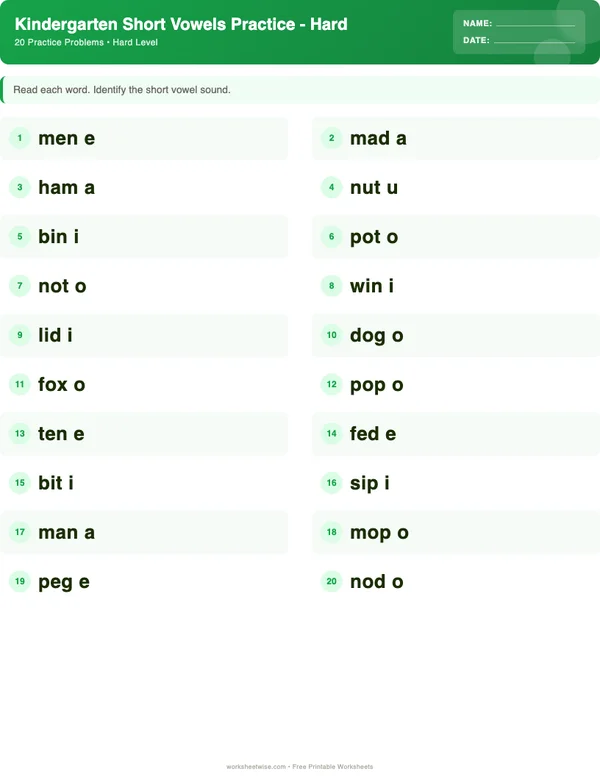 Kindergarten Short Vowels Worksheets - Dinosaur Theme (Hard)