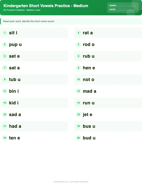 Kindergarten Short Vowels Worksheets - Dinosaur Theme (Medium)