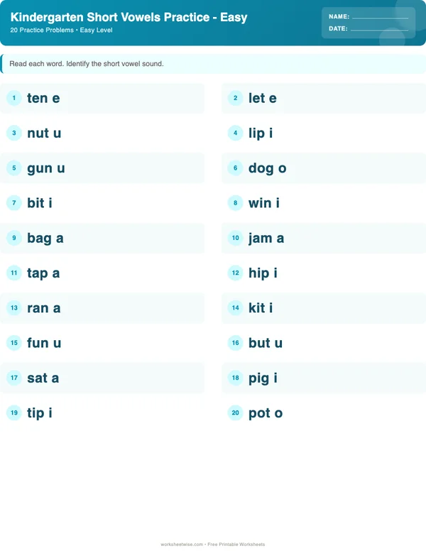 Kindergarten Short Vowels Worksheets - Ocean Theme (Easy)