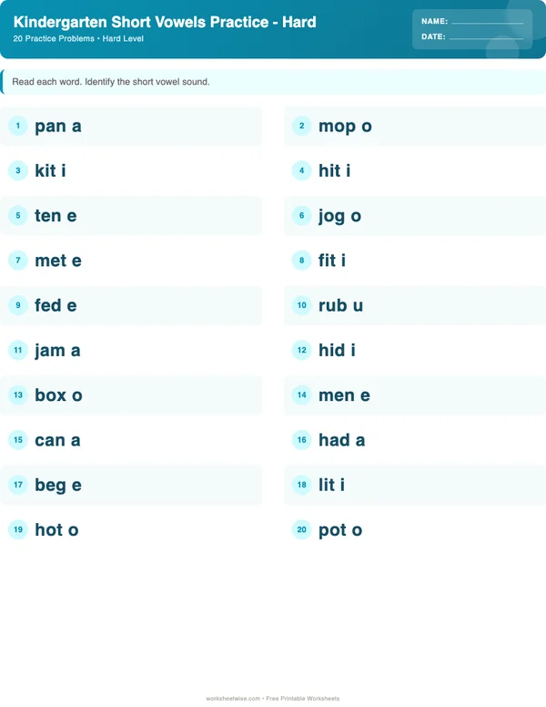 Kindergarten Short Vowels Worksheets - Ocean Theme (Hard)