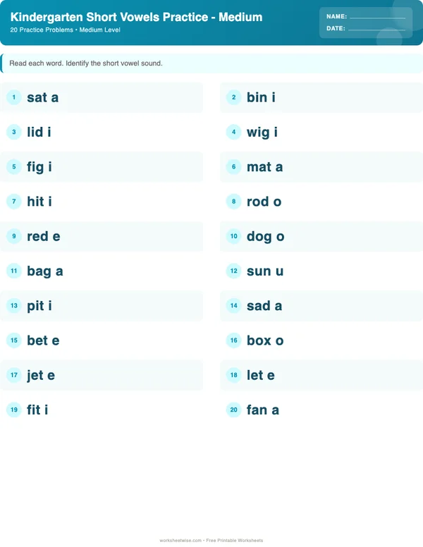 Kindergarten Short Vowels Worksheets - Ocean Theme (Medium)