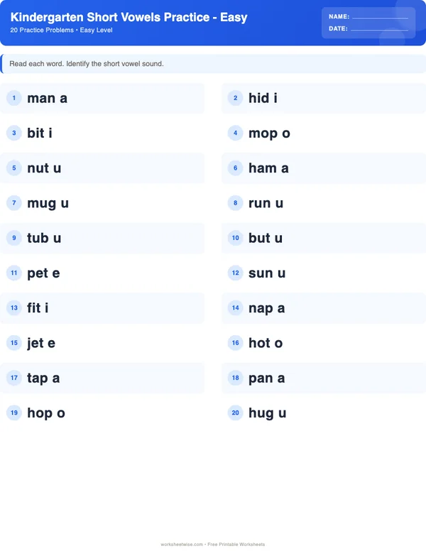 Kindergarten Short Vowels Worksheets - Standard Theme (Easy)