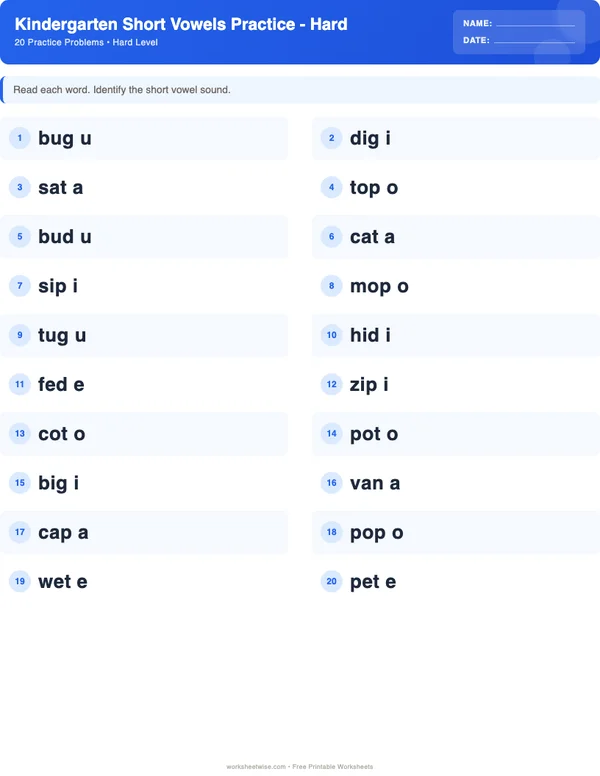 Kindergarten Short Vowels Worksheets - Standard Theme (Hard)