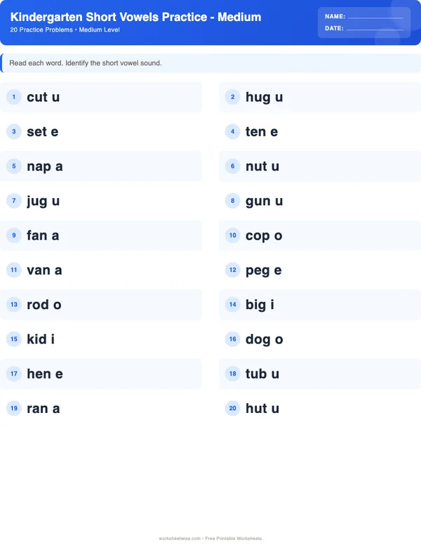 Kindergarten Short Vowels Worksheets - Standard Theme (Medium)