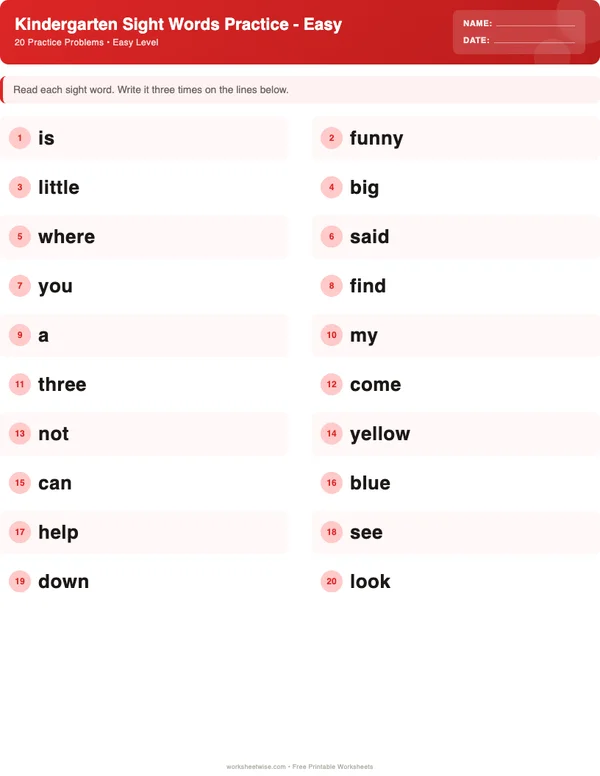 Kindergarten Sight Words Worksheets - Christmas Theme (Easy)