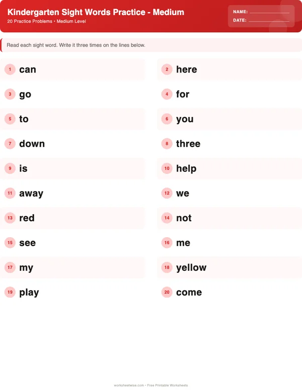 Kindergarten Sight Words Worksheets - Christmas Theme (Medium)