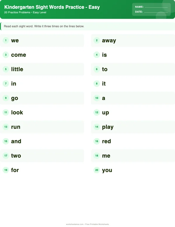 Kindergarten Sight Words Worksheets - Dinosaur Theme (Easy)
