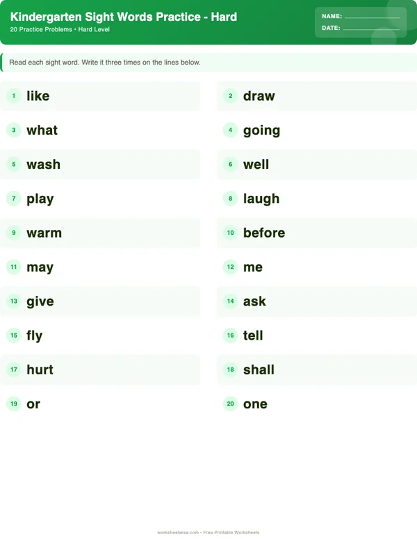 Kindergarten Sight Words Worksheets - Dinosaur Theme (Hard)
