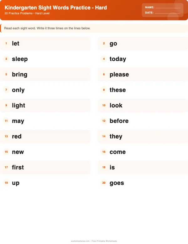 Kindergarten Sight Words Worksheets - Halloween Theme (Hard)