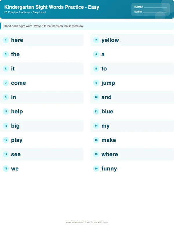 Kindergarten Sight Words Worksheets - Ocean Theme (Easy)