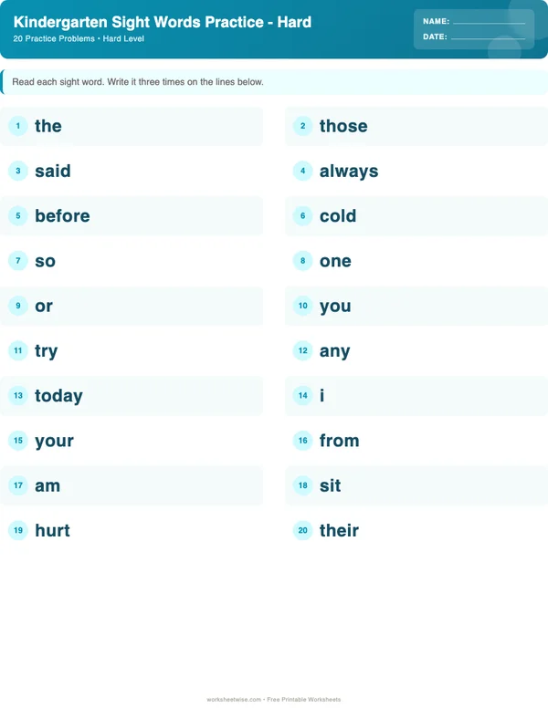 Kindergarten Sight Words Worksheets - Ocean Theme (Hard)