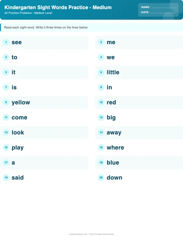 Kindergarten Sight Words Worksheets - Ocean Theme (Medium)