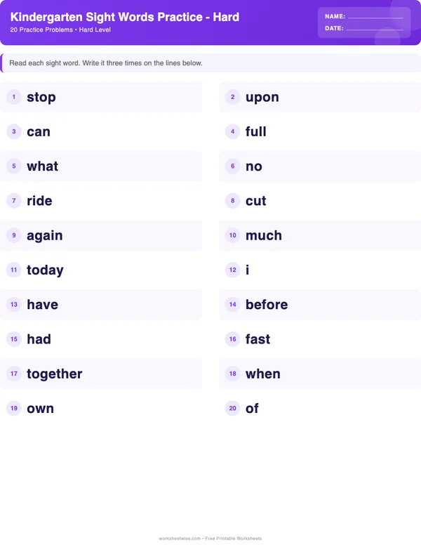 Kindergarten Sight Words Worksheets - Space Theme (Hard)