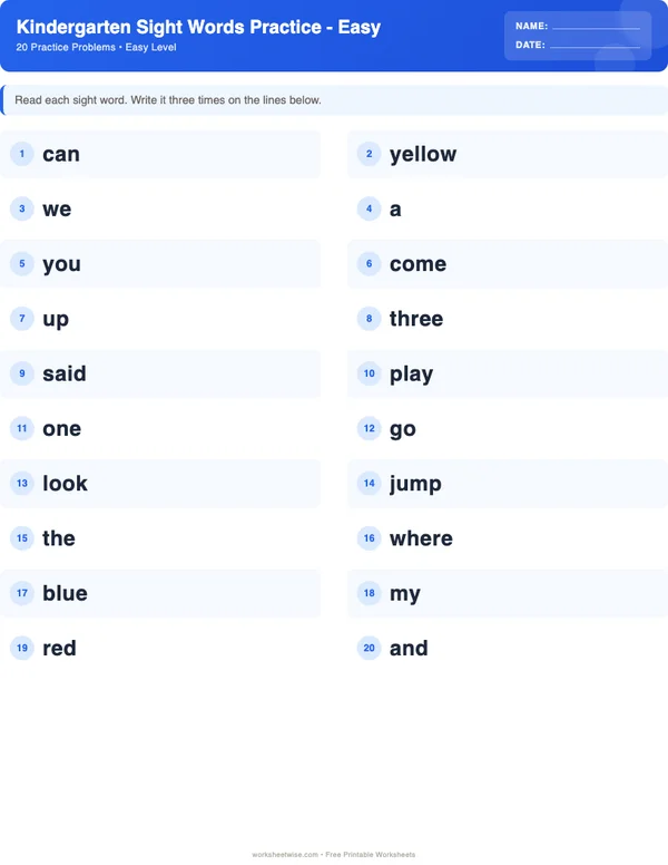 Kindergarten Sight Words Worksheets - Standard Theme (Easy)