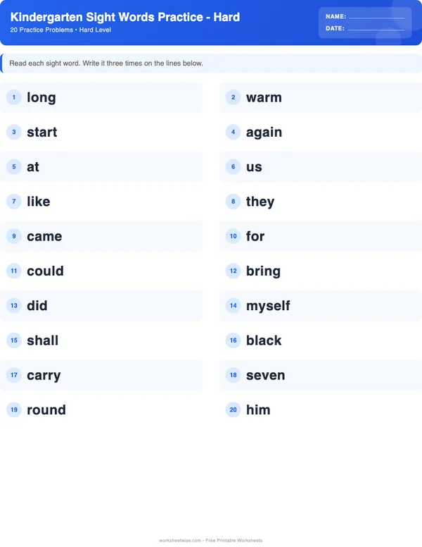 Kindergarten Sight Words Worksheets - Standard Theme (Hard)