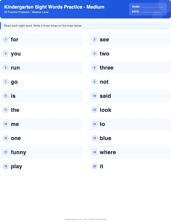 Kindergarten Sight Words Worksheets - Standard Theme (Medium)