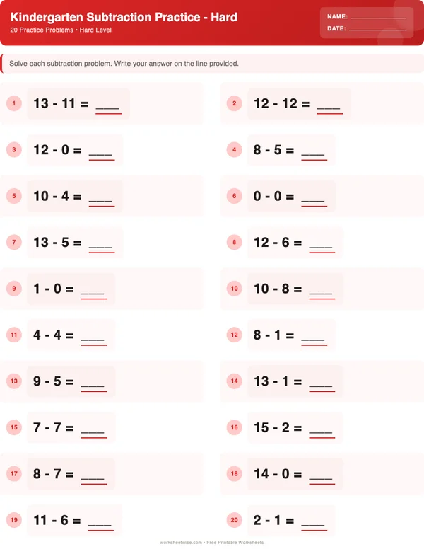 Kindergarten Subtraction Worksheets - Christmas Theme (Hard)