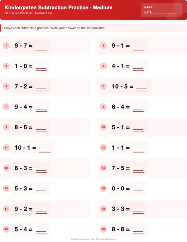 Kindergarten Subtraction Worksheets - Christmas Theme (Medium)