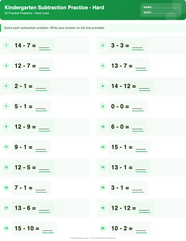 Kindergarten Subtraction Worksheets - Dinosaur Theme (Hard)