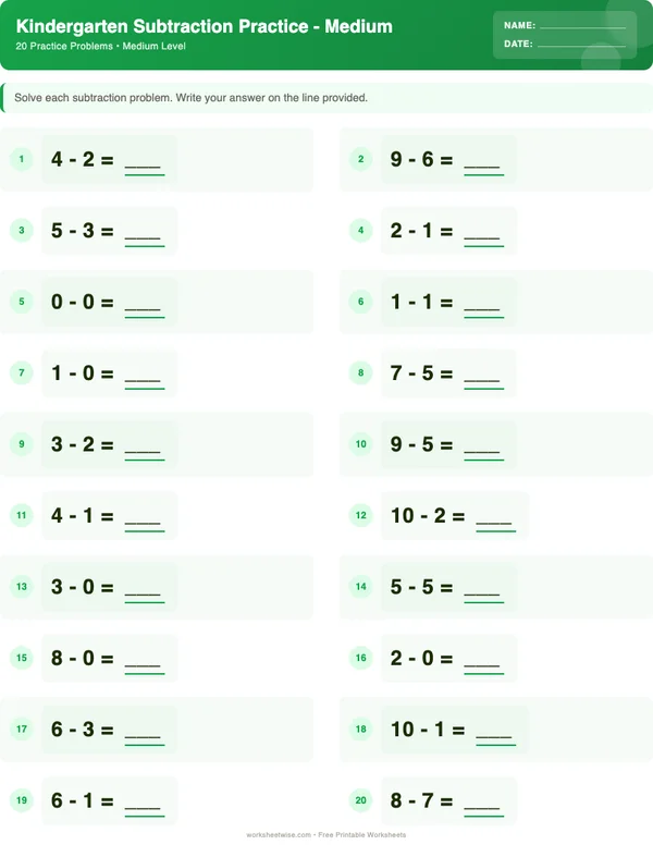 Kindergarten Subtraction Worksheets - Dinosaur Theme (Medium)