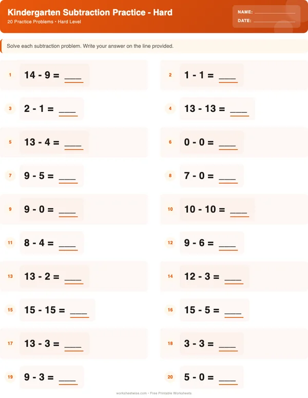 Kindergarten Subtraction Worksheets - Halloween Theme (Hard)