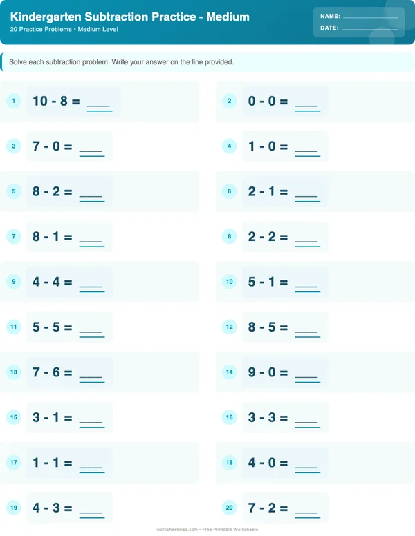 Kindergarten Subtraction Worksheets - Ocean Theme (Medium)
