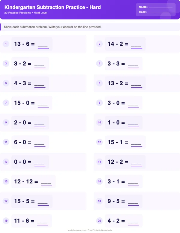 Kindergarten Subtraction Worksheets - Space Theme (Hard)