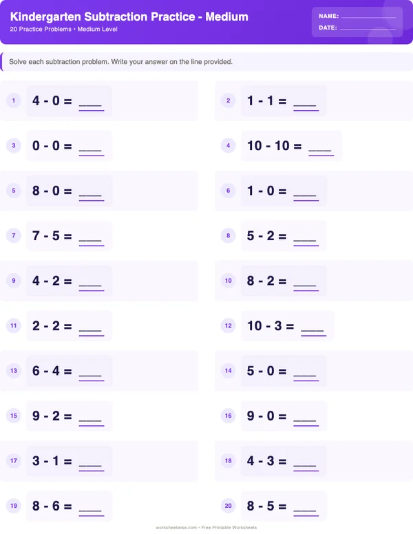 Kindergarten Subtraction Worksheets - Space Theme (Medium)