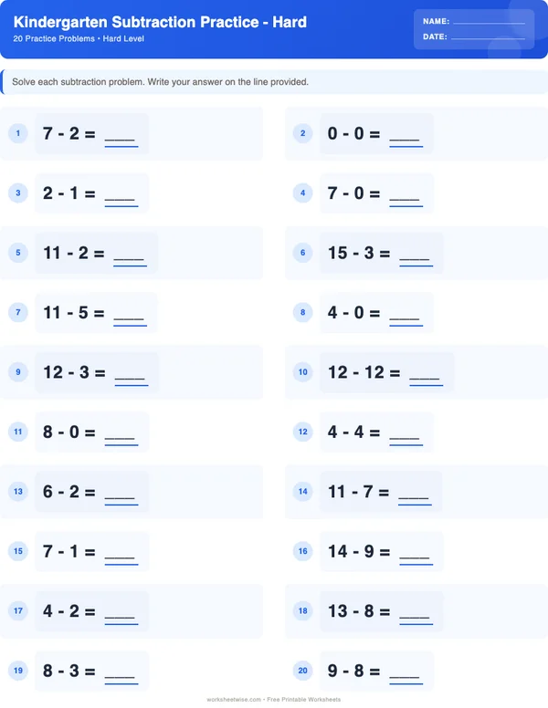 Kindergarten Subtraction Worksheets - Standard Theme (Hard)