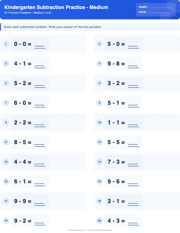 Kindergarten Subtraction Worksheets - Standard Theme (Medium)