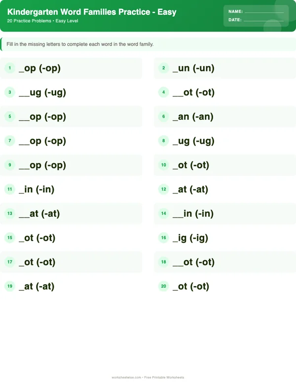 Kindergarten Word Families Worksheets - Dinosaur Theme (Easy)