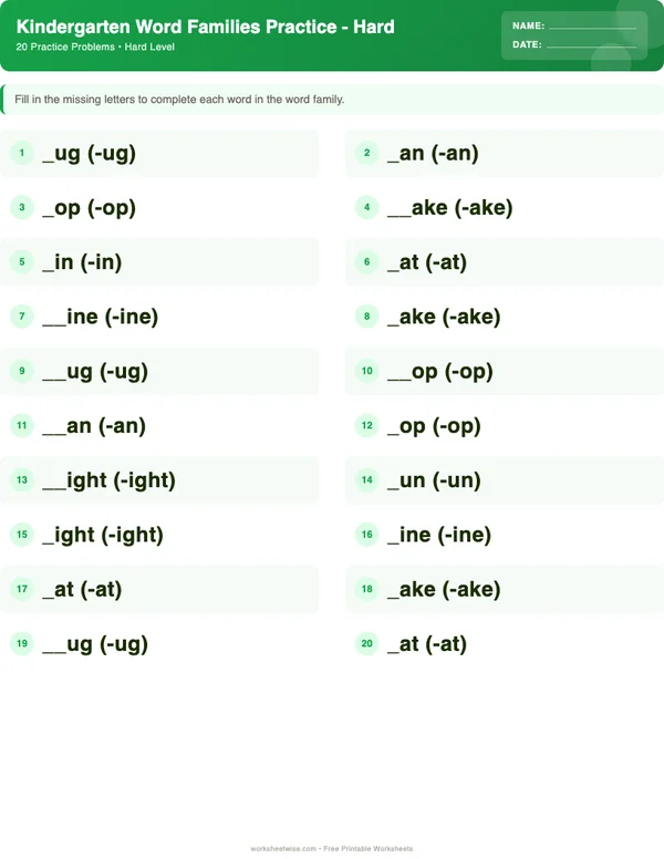 Kindergarten Word Families Worksheets - Dinosaur Theme (Hard)