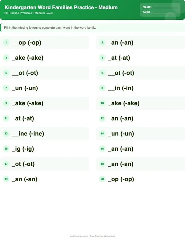 Kindergarten Word Families Worksheets - Dinosaur Theme (Medium)