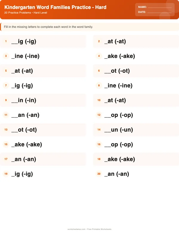 Kindergarten Word Families Worksheets - Halloween Theme (Hard)
