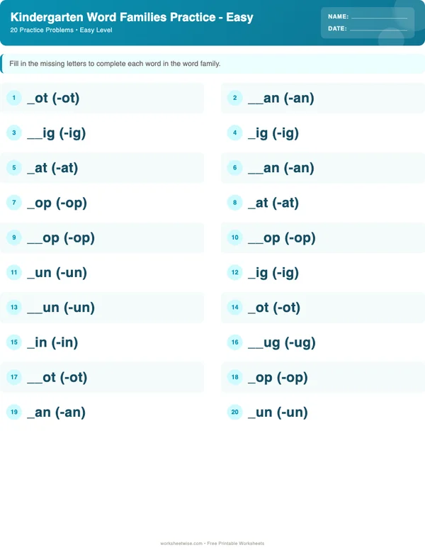 Kindergarten Word Families Worksheets - Ocean Theme (Easy)